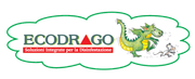 Logo ECODRAGO con drago verde e sottotitolo rosso su sfondo bianco a forma di nuvola.