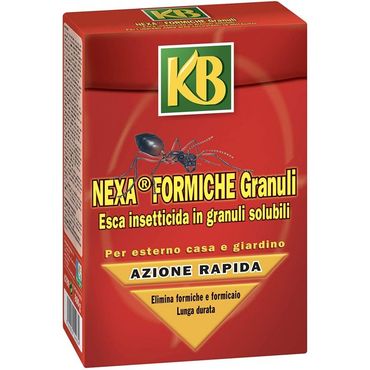 Scatola di granuli per esca per formiche KB Nexa, colore rosso, con etichetta gialla e grafica raffigurante una formica.