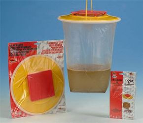 Kit trappola per insetti con coperchio giallo e contenitore trasparente, più parti adesive rosse e gialle e bustina di esca.