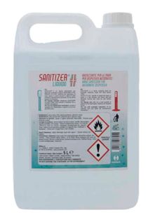 Flacone di plastica bianca per disinfettante con manico, tappo ed etichetta del prodotto, comprensivo di simboli di pericolo.