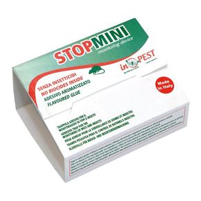 Scatola del prodotto antiparassitario Stop Mini, bianca con etichette verdi e rosse, mostrata di profilo.