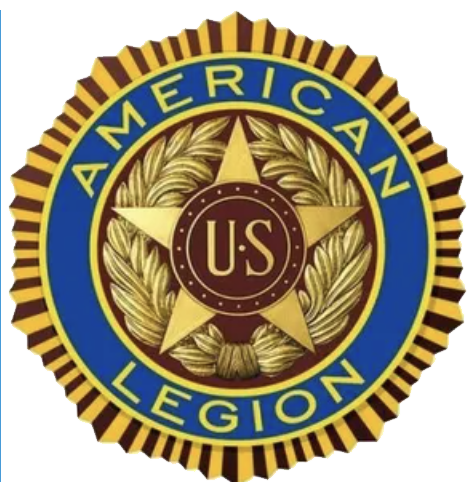 The American Legion emblem: a blue ring with gold lettering, surrounding a gold star and laurel leaves with a U.S. center.