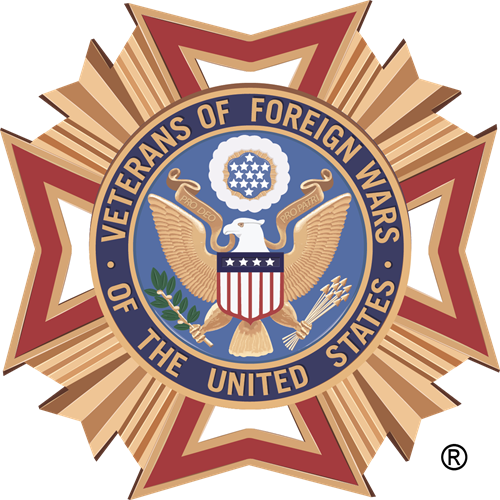 The Veterans of Foreign Wars (VFW) emblem featuring a gold cross, a central blue circle, and the Great Seal of the U.S.