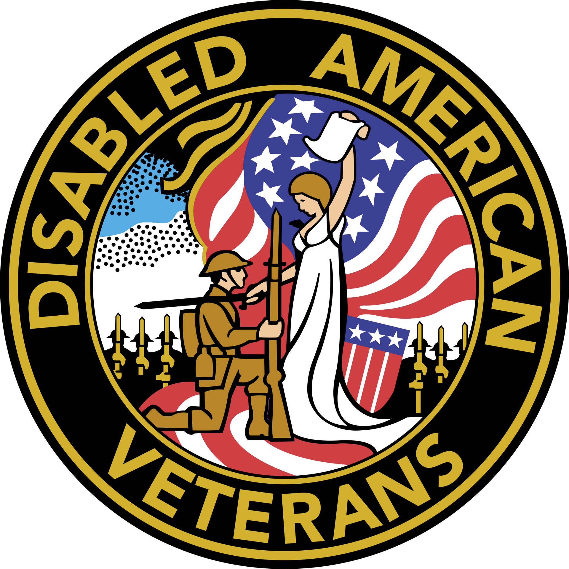 The Disabled American Veterans circular emblem showing a kneeling soldier and a robed figure before an American flag.