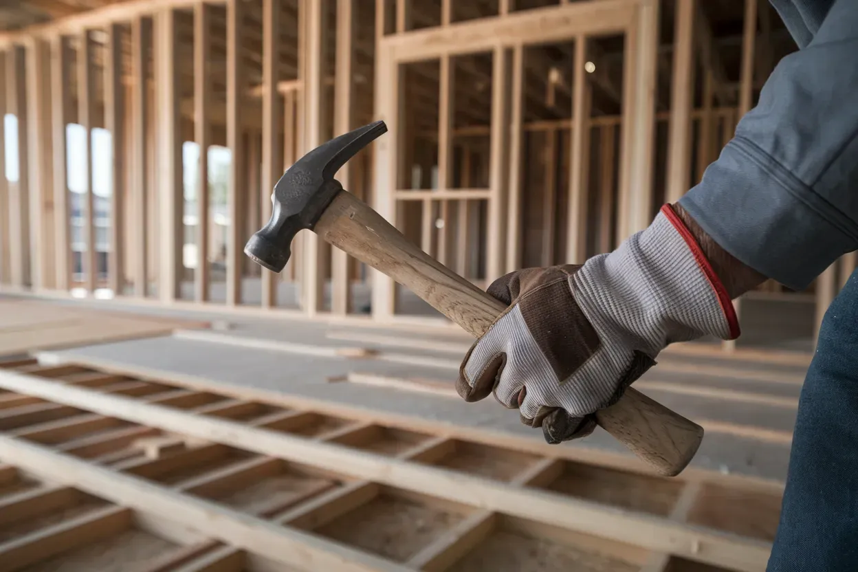 Person holding a hammer in a construction site with wooden framework in the background.