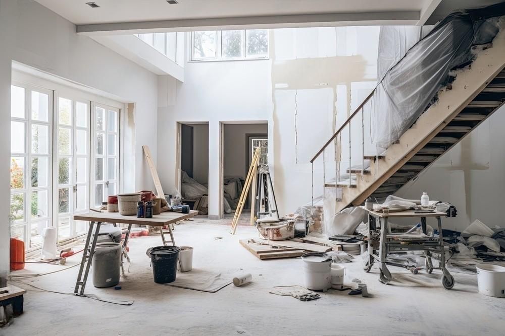 Interior under renovation, paint supplies scattered, staircase, large windows, and natural light.
