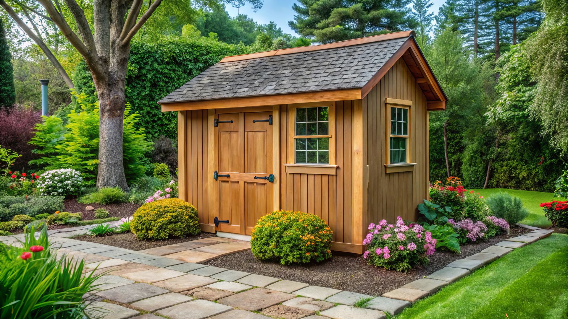 A wooden shed is sitting in the middle of a garden.