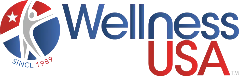 A logo for wellness usa is shown on a white background