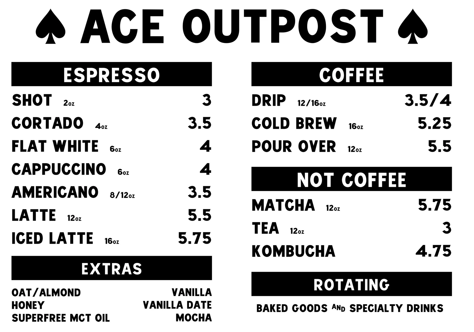 Ace Outpost coffee shop menu with espresso, coffee, matcha, tea, kombucha, and rotating items.