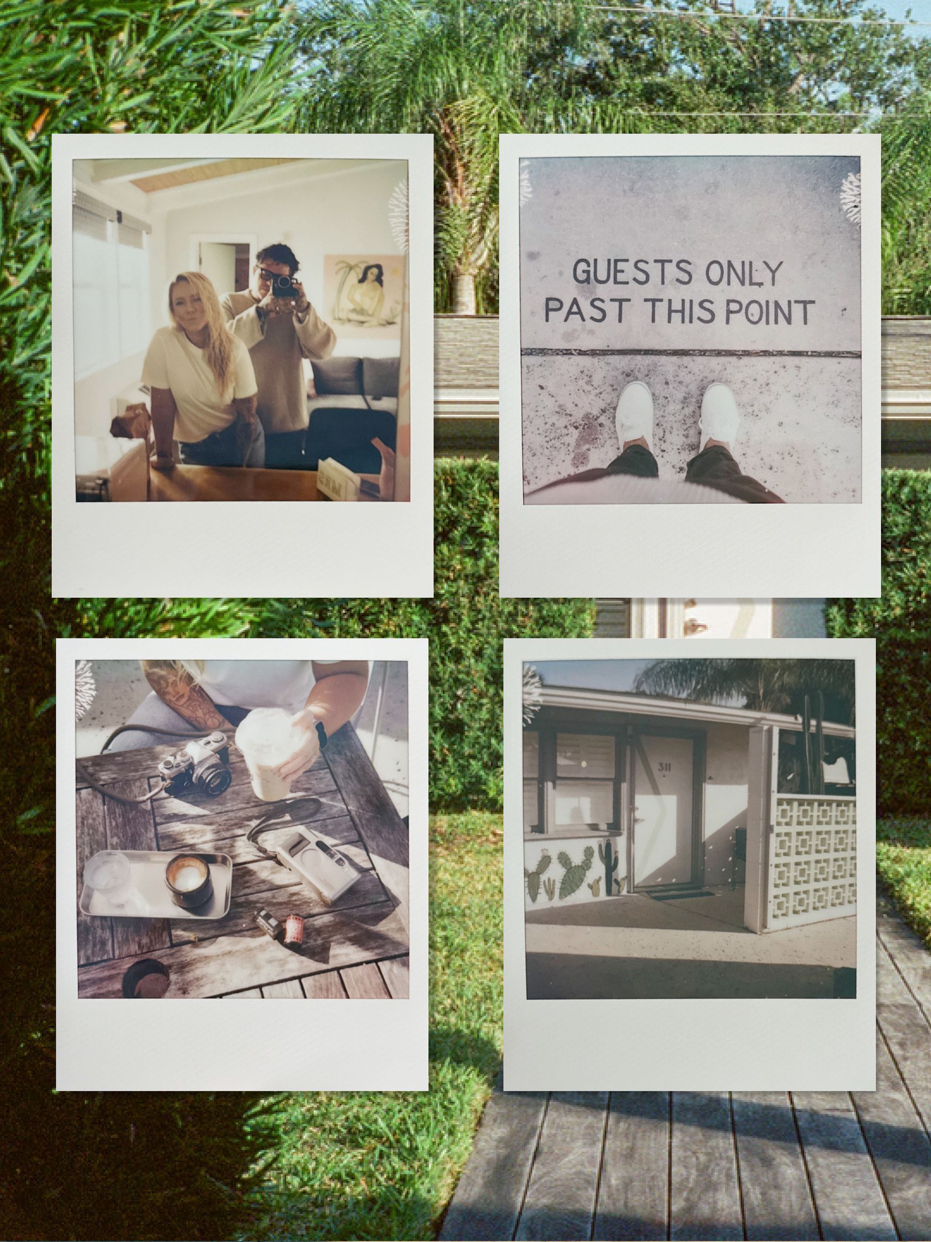 Four Polaroids on grass: a porch portrait, “Guests Only Past This Point” sign, picnic spread, and house entrance.