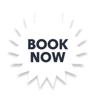White starburst badge with dark blue “BOOK NOW” text in the center.
