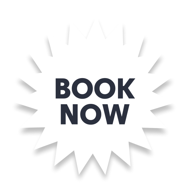 White starburst badge with dark blue “BOOK NOW” text in the center.