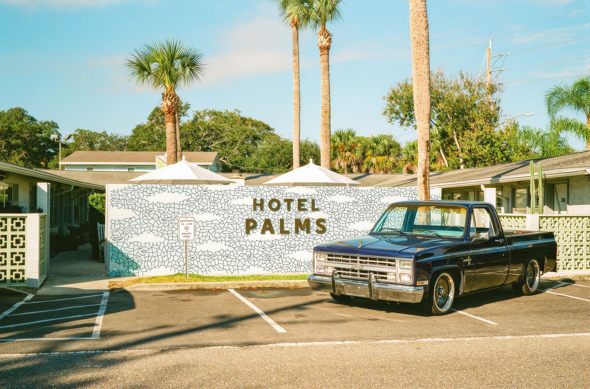 Black vintage car parked outside Hotel Palms under tall palm trees in bright sunlight.