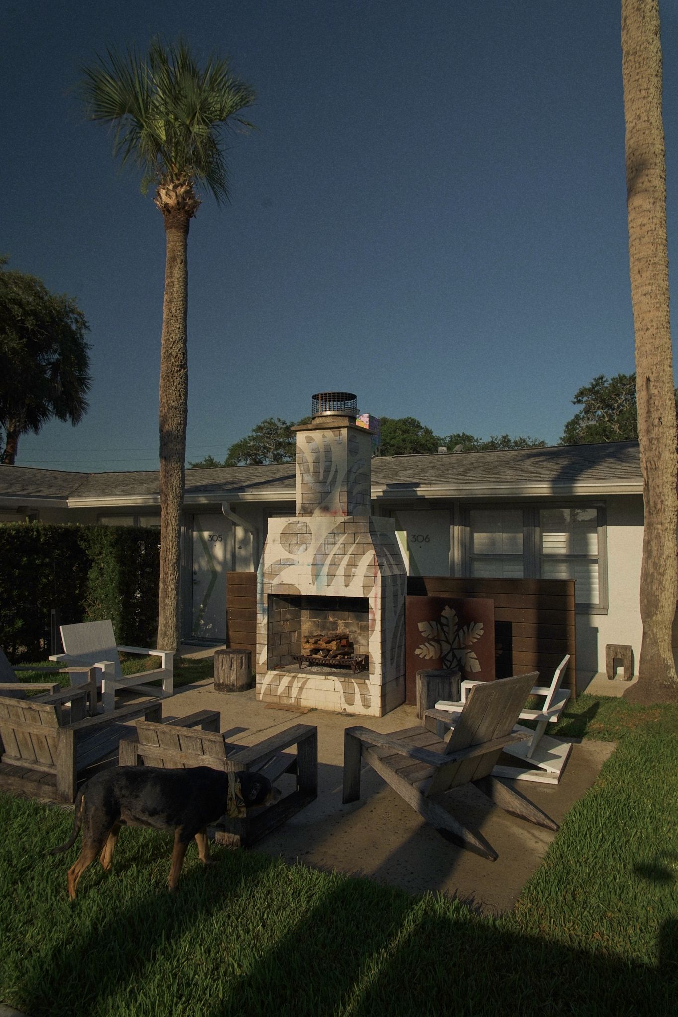 Sunlit patio with lounge chairs, a stone fireplace, and tall palm trees beside a modern house.