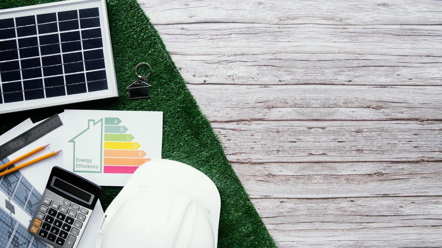 Solar panel with efficiency chart, calculator, pencils, and hard hat on wood and green grass.