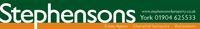 Stephensons logo, green and orange color scheme, includes website and phone number.
