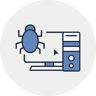 An icon of a computer with a bug on it.