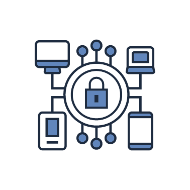 An icon of a padlock in a circle surrounded by computers , phones , and tablets.