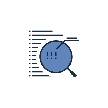 A magnifying glass is looking at a blue circle with exclamation points on it.
