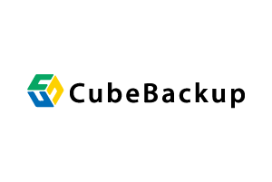 Un logotipo para copia de seguridad de cubos con un cubo azul y verde sobre un fondo blanco.