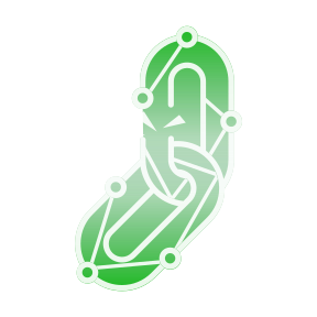 A green paper clip with a white outline on a white background.