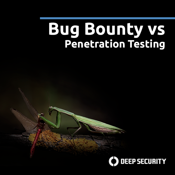 Una langosta verde en una rama, y el mensaje de pruebas de penetración vs bug bounty