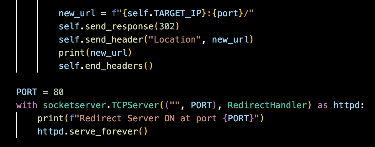 Fragmento de código con Python, configurando un servidor de redireccionamiento en el puerto 50.