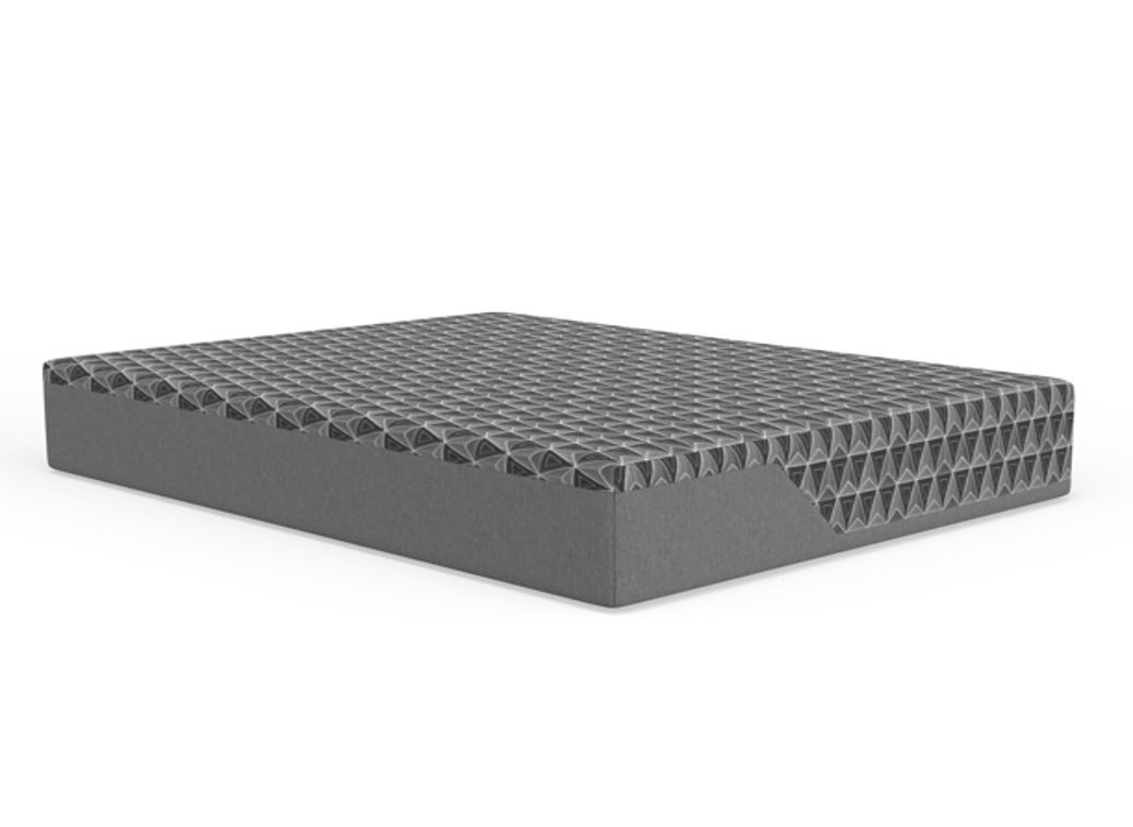 Gray mattress with a grid-like top and a section cut away to reveal internal structure.