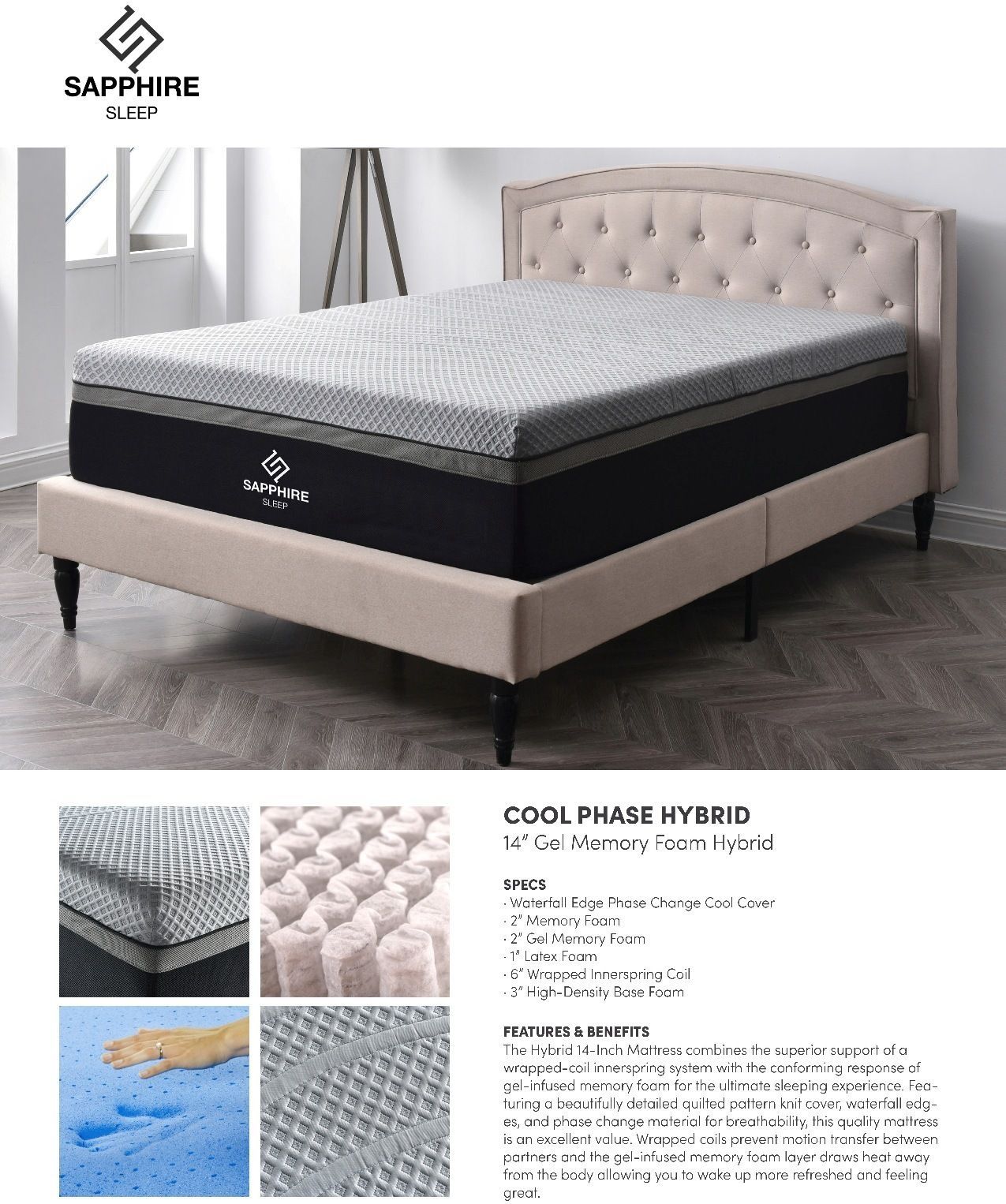 Sapphire Coolphase hybrid mattress on a beige bed frame with a tufted headboard.