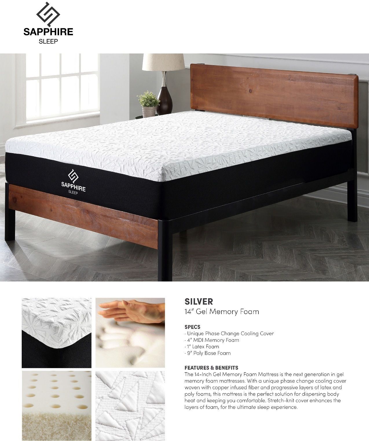 Sapphire Sleep mattress on a bed frame with detailed close-up views.
