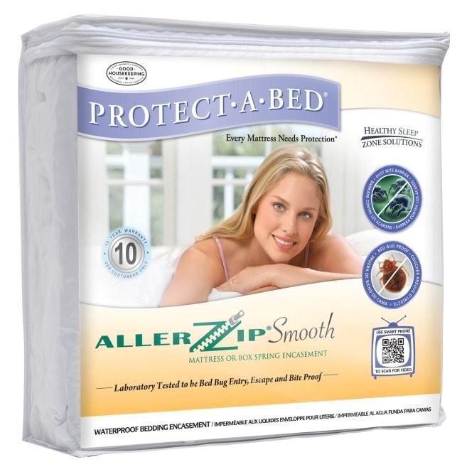 Protect-A-Bed mattress encasement packaging. Woman resting on a bed. Text: Allerzip Smooth, waterproof bedding.