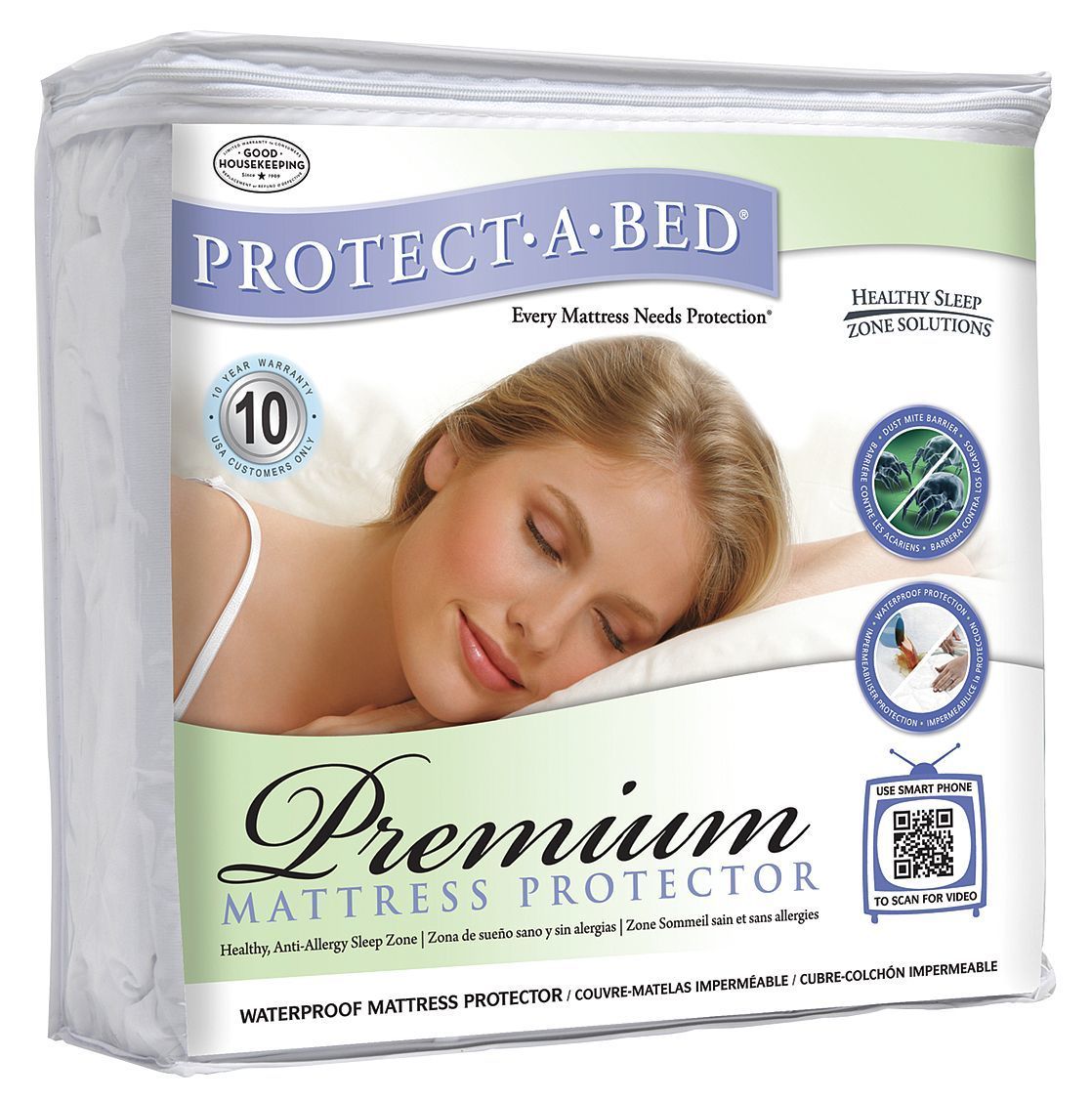 Protect-A-Bed mattress protector packaging, featuring a woman sleeping on a bed. White background, text, and icons.