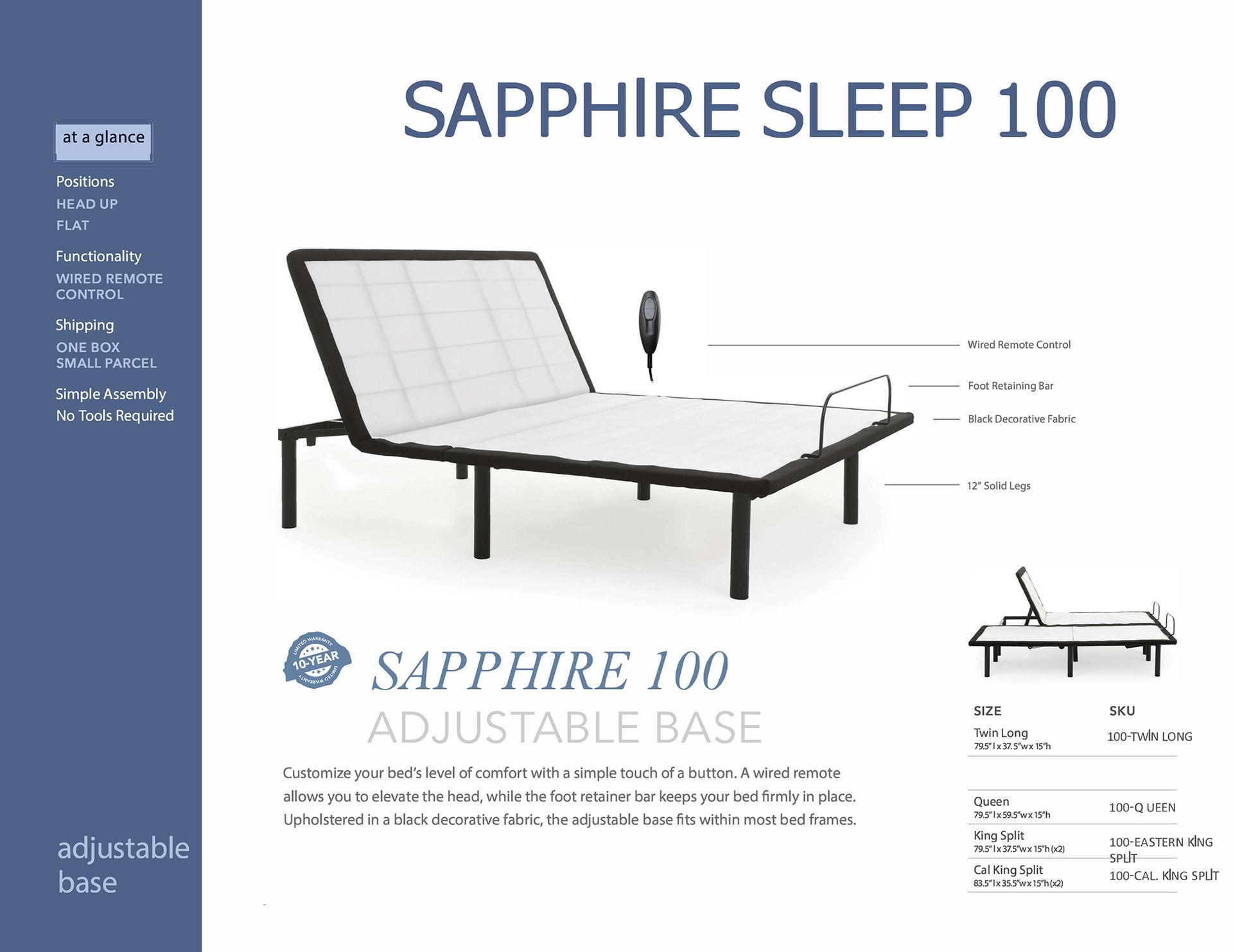 Sapphire Sleep 100 adjustable base, black frame, white mattress, reclined position, with remote and side rail.
