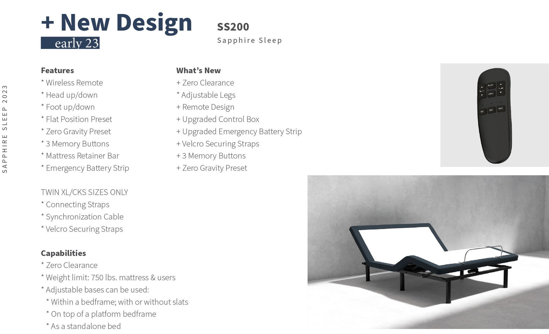Presentation slide for a new bed design. Includes features, what’s new, a remote, and a bed illustration.