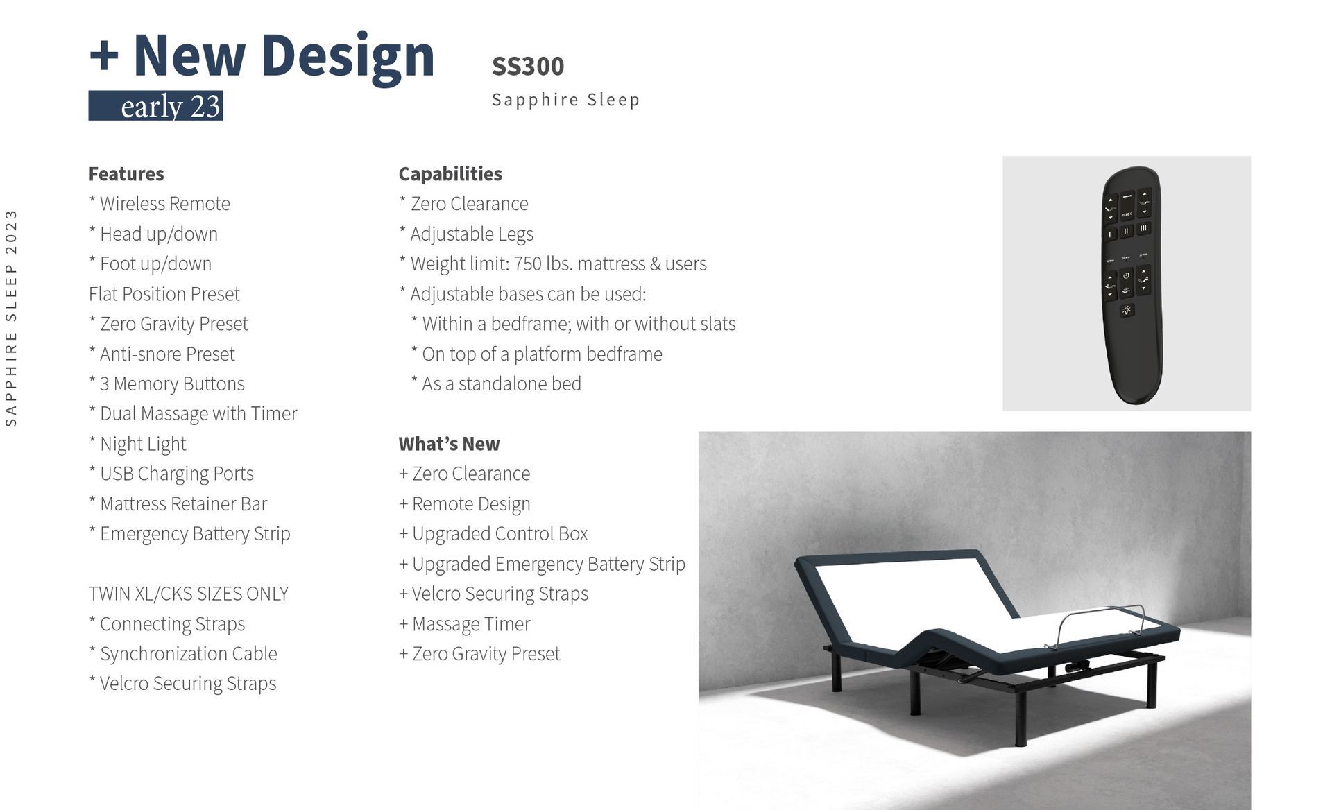 Adjustable bed in a room with the remote in the corner. Features, capabilities, and what's in the box are listed.
