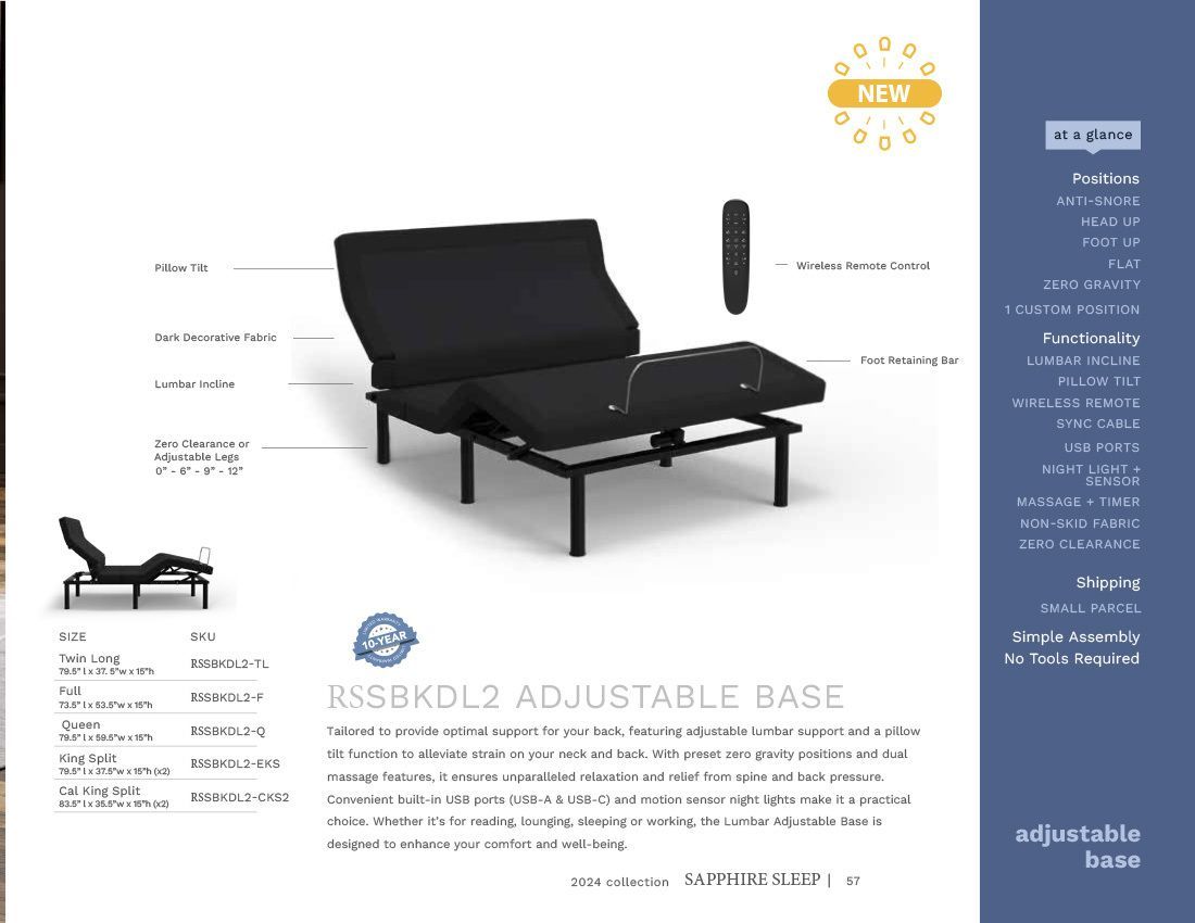 Black adjustable bed base with remote control, labeled parts, 
