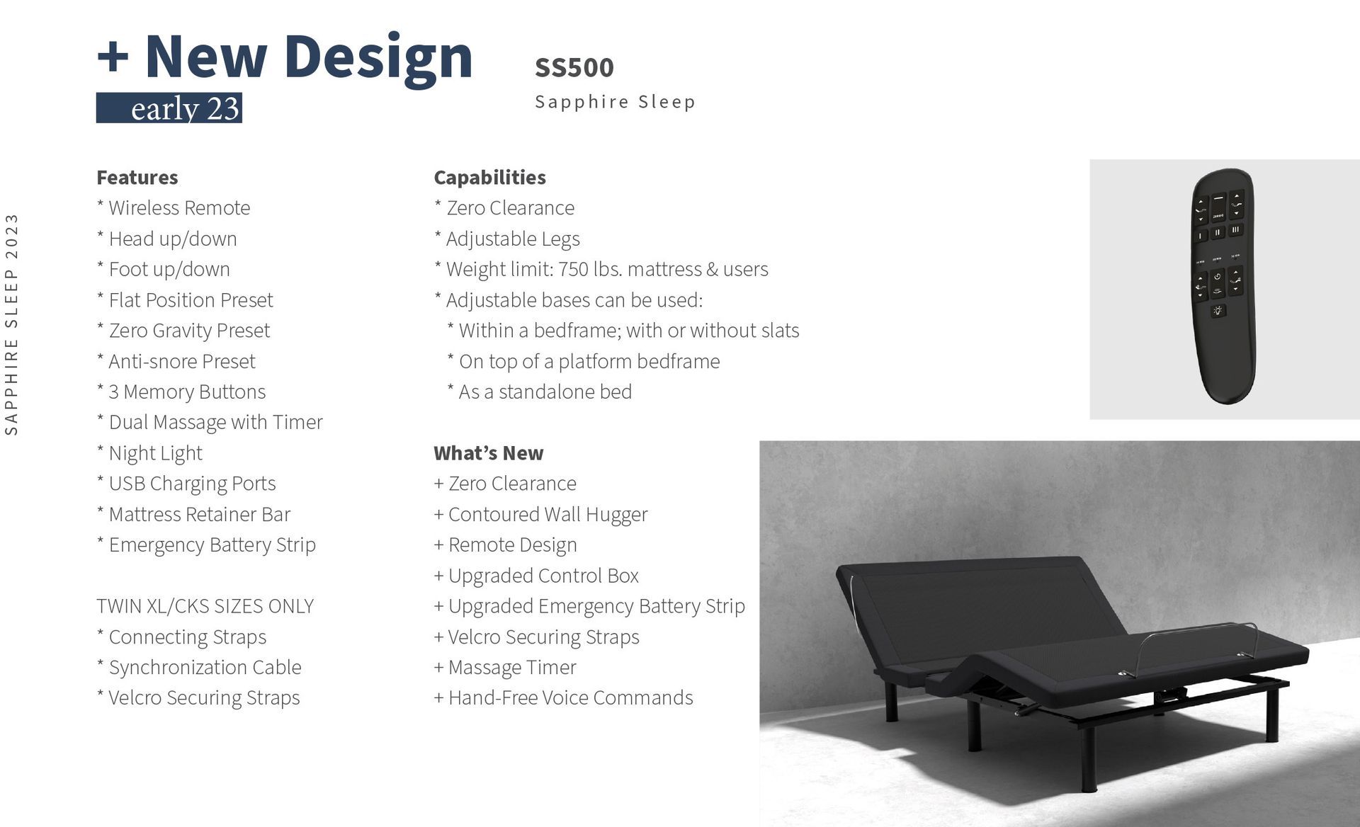 Adjustable bed with a remote control, with listed features.