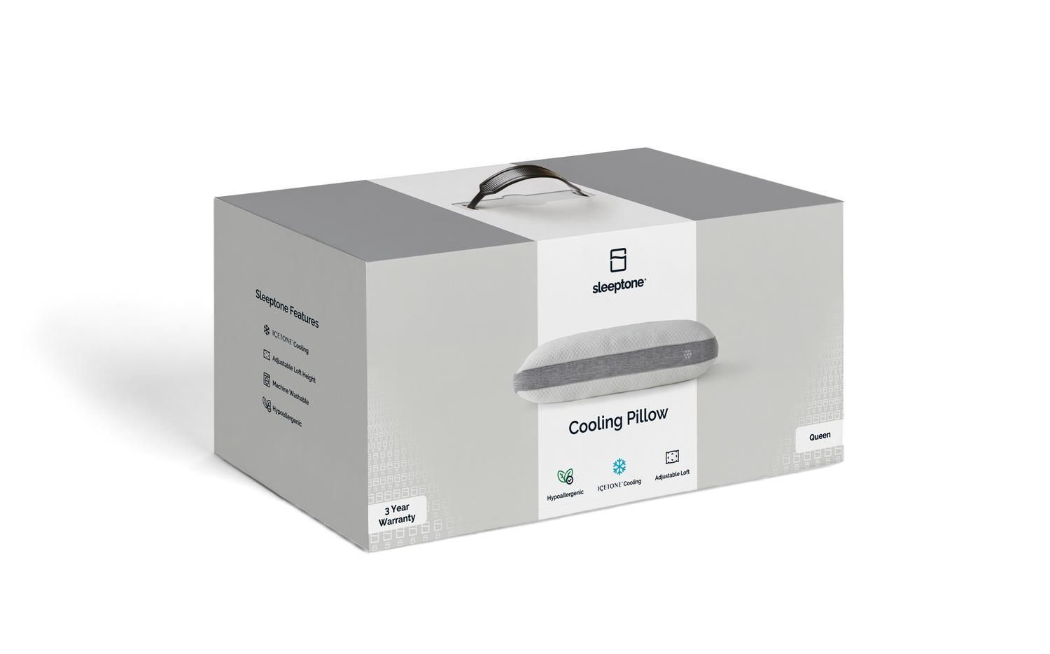 Light gray cube-shaped box with a handle, labeled 