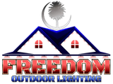 Freedom Outdoor Lighting logo with house roof, palm tree, and red text