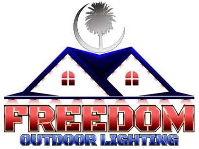 Freedom Outdoor Lighting logo with house roof, palm tree, and red text