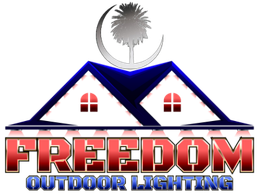Freedom Outdoor Lighting logo with house roof, palm tree, and red text