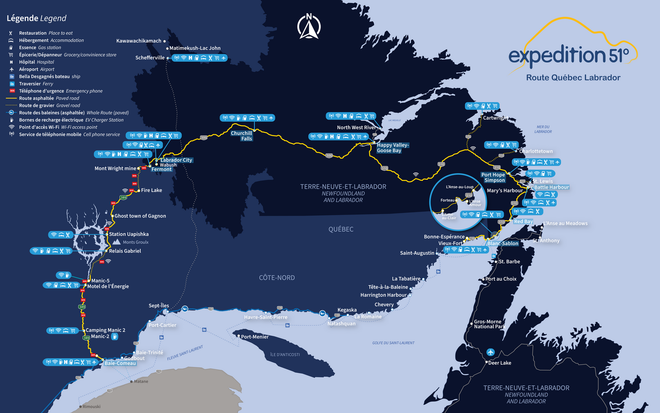 Carte infographique indiquant un itinéraire de voyage à travers le Québec et le Labrador.