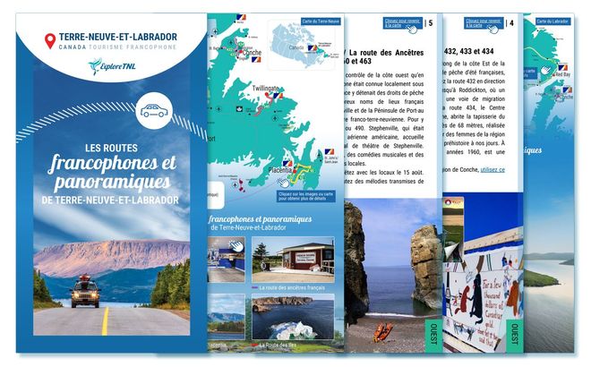 Carte infographique indiquant un itinéraire de voyage à travers le Québec et le Labrador.