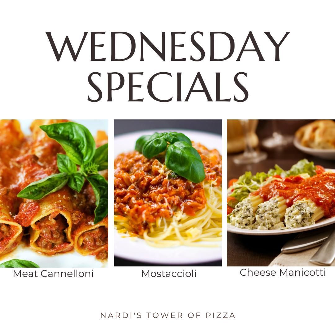 A poster for wednesday specials at napoli 's tower of pizza