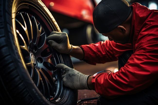 Mechanic in red jacket wearing gloves, working on a car tire in a dimly lit garage.