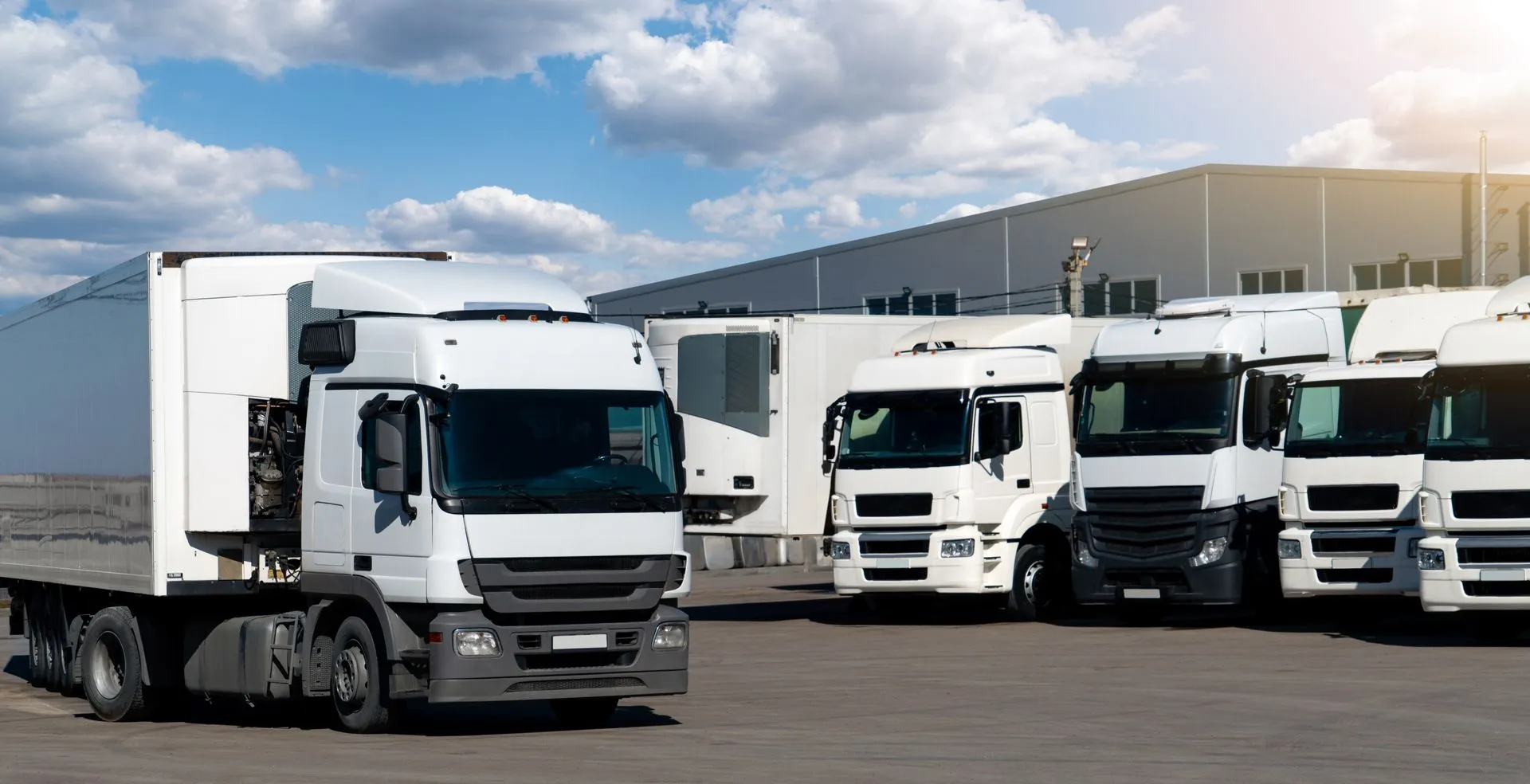 A Row of White Semi Trucks Parked in Front of a Building — Truck Training and Assessments In Umina Beach, NSW