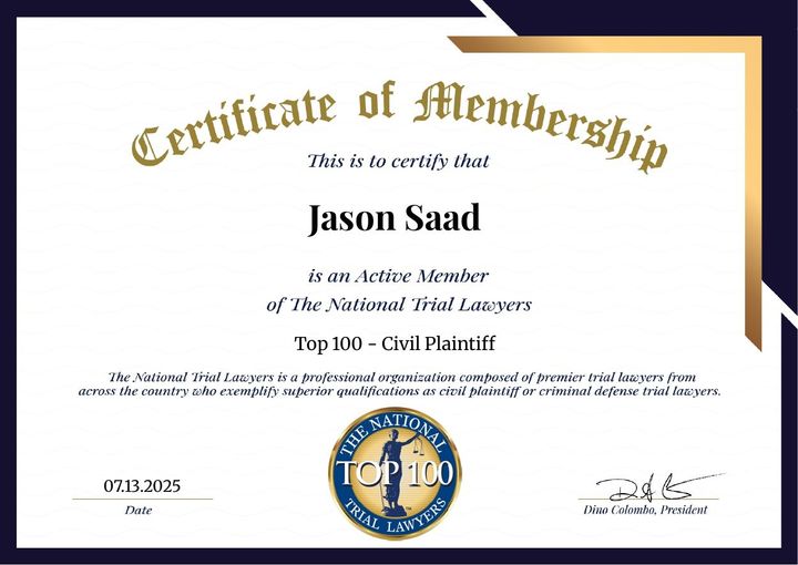 Certificate of Membership with gold seal, featuring Jason Saad and “Top 100 - Civil Plaintiffs”