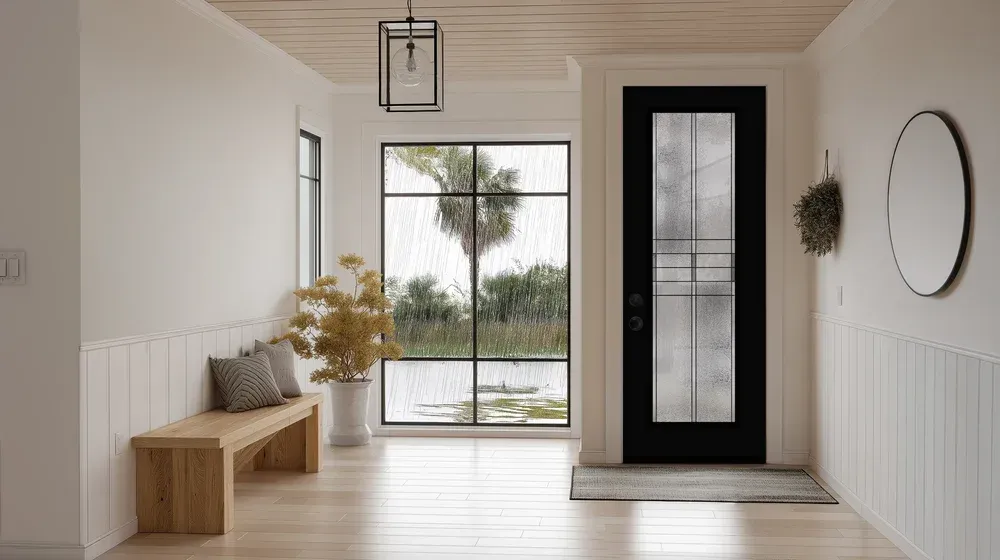 A bright, modern entryway with a black door, wood bench, large window overlooking greenery, and a round wall mirror.