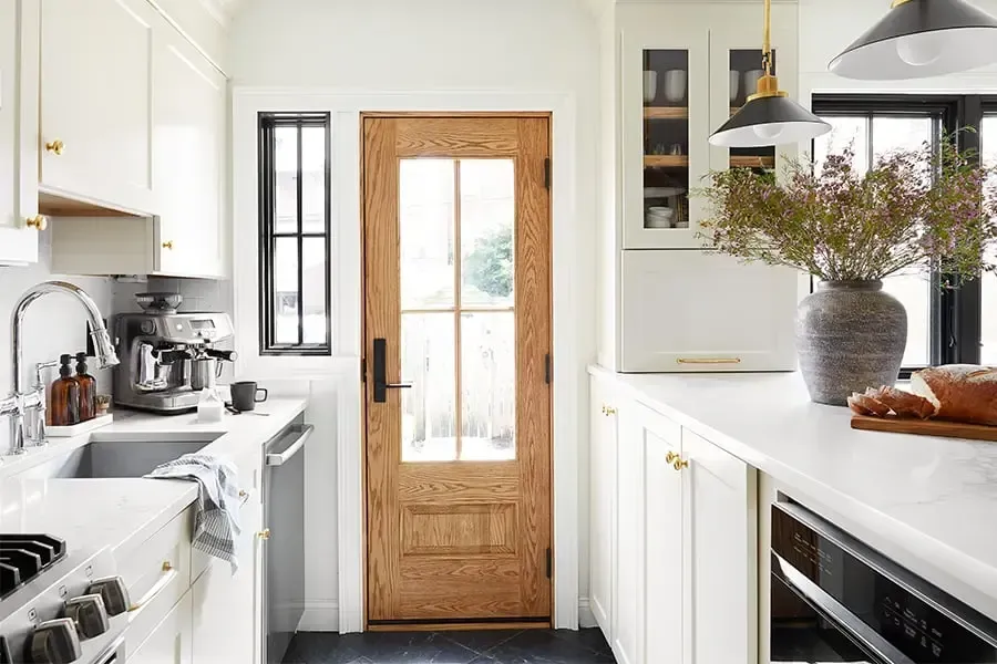 A bright kitchen features white cabinets, a light wood glass-panel door, a stone countertop, and a potted plant.