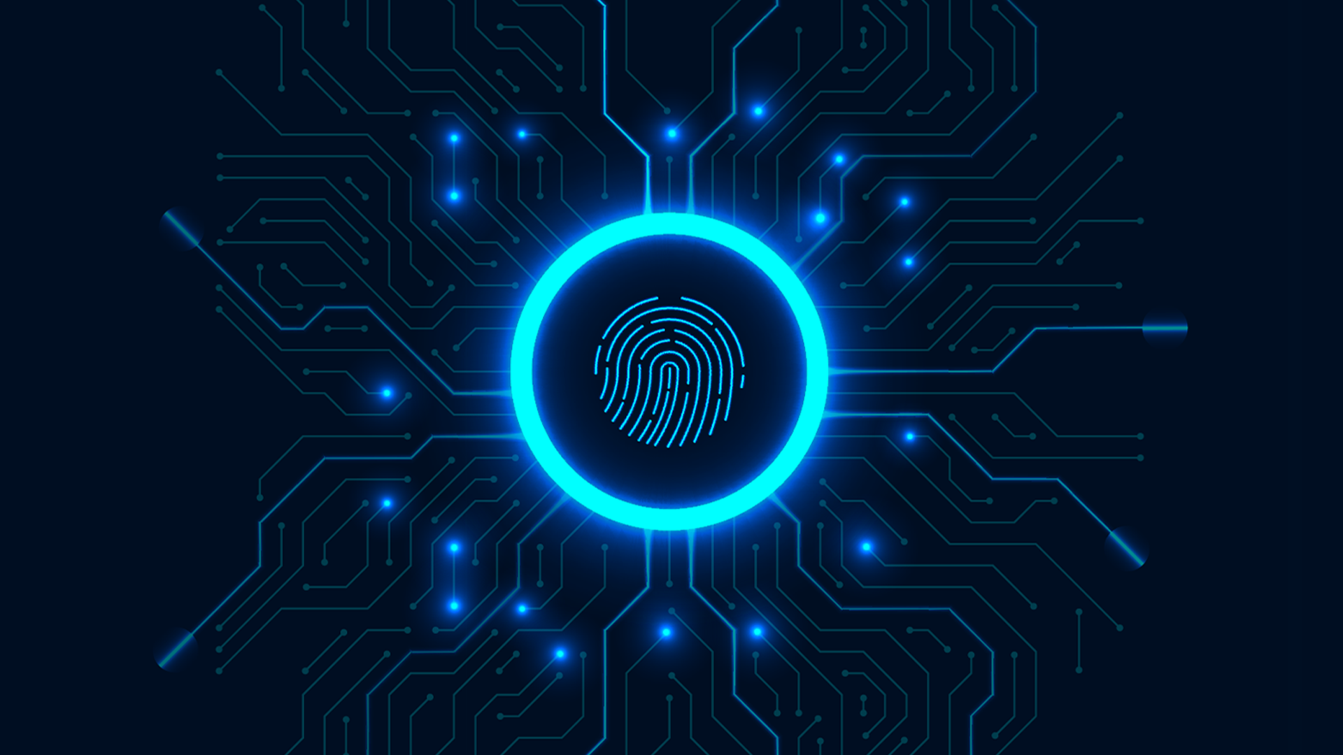 Blue circuit board background with a glowing blue circle containing a fingerprint icon.